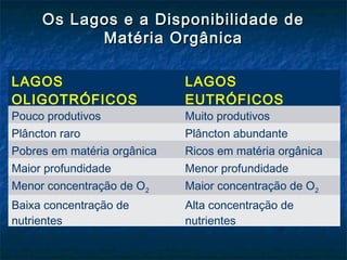 Os Lagos e a Disponibilidade de
Os Lagos e a Disponibilidade de
Matéria Orgânica
Matéria Orgânica
LAGOS
OLIGOTRÓFICOS
LAGOS
EUTRÓFICOS
Pouco produtivos Muito produtivos
Plâncton raro Plâncton abundante
Pobres em matéria orgânica Ricos em matéria orgânica
Maior profundidade Menor profundidade
Menor concentração de O2 Maior concentração de O2
Baixa concentração de
nutrientes
Alta concentração de
nutrientes
 