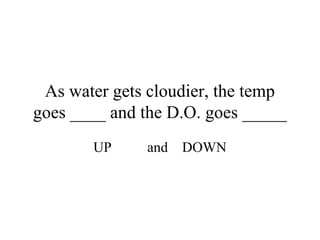 As water gets cloudier, the temp
goes ____ and the D.O. goes _____
       UP     and   DOWN
 