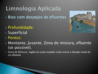  Rios com despejos de efluentes
 Profundidade:
 Superficial
 Pontos:
 Montante, Jusante, Zona de mistura, efluente
(se possível).
 Zona de Mistura: região do corpo receptor onde ocorre a diluição inicial de
um efluente.
 