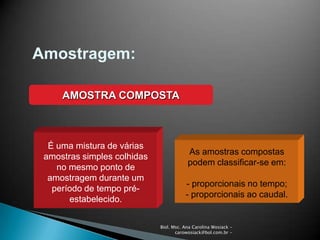 Biol. Msc. Ana Carolina Wosiack -
carowosiack@bol.com.br -
Amostragem:
AMOSTRA COMPOSTA
É uma mistura de várias
amostras simples colhidas
no mesmo ponto de
amostragem durante um
período de tempo pré-
estabelecido.
As amostras compostas
podem classificar-se em:
- proporcionais no tempo;
- proporcionais ao caudal.
 
