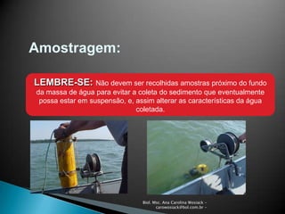 Biol. Msc. Ana Carolina Wosiack -
carowosiack@bol.com.br -
Amostragem:
LEMBRE-SE: Não devem ser recolhidas amostras próximo do fundo
da massa de água para evitar a coleta do sedimento que eventualmente
possa estar em suspensão, e, assim alterar as características da água
coletada.
 