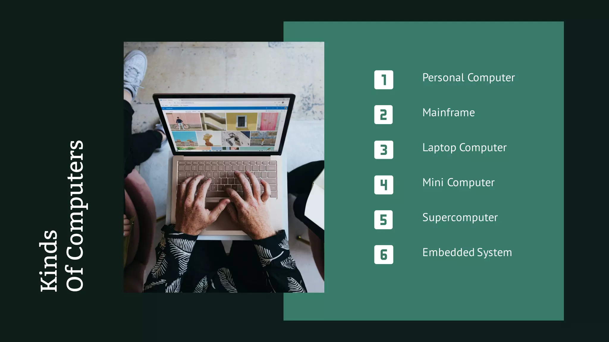 Kinds
OfComputers
Mainframe
Personal Computer
Laptop Computer
Supercomputer
Embedded System
Mini Computer
 