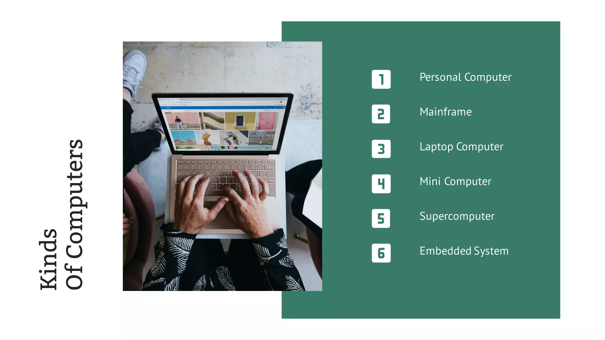 Kinds
OfComputers
Mainframe
Personal Computer
Laptop Computer
Supercomputer
Embedded System
Mini Computer
 