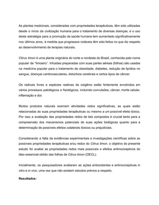 As plantas medicinais, consideradas com propriedades terapêuticas, têm sido utilizadas
desde o início da civilização humana para o tratamento de diversas doenças, e o uso
desta estratégia para a promoção da saúde humana tem aumentado significativamente
nos últimos anos, à medida que progressos notáveis têm sido feitos no que diz respeito
ao desenvolvimento de terapias naturais.
Citrus limon é uma planta originária do norte e nordeste do Brasil, conhecida pelo nome
popular de “limoeiro”. Infusões preparadas com suas partes aéreas (folhas) são usadas
na medicina popular para o tratamento de obesidade, diabetes, redução de lipídios no
sangue, doenças cardiovasculares, distúrbios cerebrais e certos tipos de câncer.
Os radicais livres e espécies reativas de oxigênio estão fortemente envolvidos em
vários processos patológicos e fisiológicos, incluindo convulsões, câncer, morte celular,
inflamação e dor.
Muitos produtos naturais exercem atividades redox significativas, as quais estão
relacionadas às suas propriedades terapêuticas ou mesmo a um possível efeito tóxico.
Por isso a avaliação das propriedades redox de tais compostos é crucial tanto para a
compreensão dos mecanismos potenciais de suas ações biológicas quanto para a
determinação de possíveis efeitos colaterais tóxicos ou prejudiciais.
Considerando a falta de evidências experimentais e investigações científicas sobre as
possíveis propriedades terapêuticas e/ou redox do Citrus limon, o objetivo do presente
estudo foi avaliar as propriedades redox mais possíveis e efeitos antinociceptivos do
óleo essencial obtido das folhas de Citrus limon (OECL).
Inicialmente, os pesquisadores avaliaram as ações antioxidantes e antinociceptivas in
vitro e in vivo, uma vez que não existem estudos prévios a respeito.
Resultados:
 
