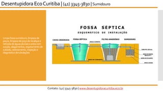 Limpafossasumidouro,limpezade
poços,limpeza depoçoderecalquee
retiradadeáguaspluviaiseareiacom
sucção,alagamentos, esgotamento de
subsolo,rastreamento, inspeçãoe
diagnóstico detubulações
Desentupidora EcoCuritiba | (41) 3345-3830 | Sumidouro
Contato: (41) 3345-3830 | www.desentupidoracuritiba.eco.br
 