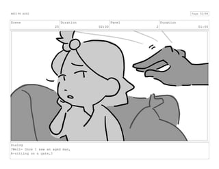 Scene
25
Duration
02:00
Panel
2
Duration
01:00
Dialog
?Well- Once I saw an aged man,
A-sitting on a gate.?
ANI198 ASS2 Page 52/98
 