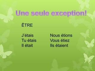 ÊTRE
J’étais Nous étions
Tu étais Vous étiez
Il était Ils étaient
 