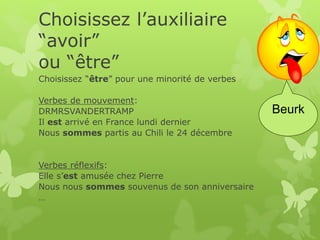 Choisissez l’auxiliaire
“avoir”
ou “être”
Choisissez “être” pour une minorité de verbes
Verbes de mouvement:
DRMRSVANDERTRAMP
Il est arrivé en France lundi dernier
Nous sommes partis au Chili le 24 décembre
Verbes réflexifs:
Elle s’est amusée chez Pierre
Nous nous sommes souvenus de son anniversaire
…
Beurk
 