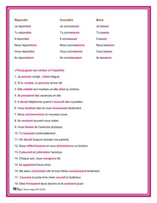 Répondre Connaître Boire
Je répondais Je connaissais Je buvais
Tu répondais Tu connaissais Tu buvais
Il répondait Il connaissait Il buvait
Nous répondions Nous connaissions Nous buvions
Vous répondiez Vous connaissiez Vous buviez
Ils répondaient Ils connaissaient Ils buvaient
Conjuguez ces verbes à l’imparfait.
1. Je prenais congé : j’étais fatigué.
2. Si tu voulais, tu pouvais arriver tôt.
3. Elle mettait son manteau et elle allait au cinéma.
4. Ils prenaient des vacances en été.
5. Il devait téléphoner quand il recevait des nouvelles.
6. Vous étudiiez bien et vous réussissiez facilement.
7. Nous commencions un nouveau cours.
8. Ils venaient souvent nous visiter.
9. Vous faisiez de l’exercice physique.
10. Tu toussais continuellement.
11. On devait toujours écouter nos parents.
12. Nous réfléchissions et nous choisissions un bonbon.
13. Il pleuvait et j’attendais l’autobus.
14. Chaque soir, nous mangions tôt.
15. Ils appelaient leurs amis.
16. Ma sœur conduisait vite et mes frères conduisaient lentement.
17. J’ouvrais la porte et le chien courait à l’extérieur.
18. Elles finissaient leurs devoirs et ils sortaient jouer.
Sylvie Auger ÉIF UQTR
 
