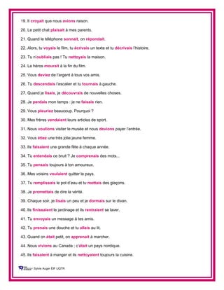19. Il croyait que nous avions raison.
20. Le petit chat plaisait à mes parents.
21. Quand le téléphone sonnait, on répondait.
22. Alors, tu voyais le film, tu écrivais un texte et tu décrivais l’histoire.
23. Tu n’oubliais pas ! Tu nettoyais la maison.
24. Le héros mourait à la fin du film.
25. Vous deviez de l’argent à tous vos amis.
26. Tu descendais l’escalier et tu tournais à gauche.
27. Quand je lisais, je découvrais de nouvelles choses.
28. Je perdais mon temps : je ne faisais rien.
29. Vous pleuriez beaucoup. Pourquoi ?
30. Mes frères vendaient leurs articles de sport.
31. Nous voulions visiter le musée et nous devions payer l’entrée.
32. Vous étiez une très jolie jeune femme.
33. Ils faisaient une grande fête à chaque année.
34. Tu entendais ce bruit ? Je comprenais des mots...
35. Tu pensais toujours à ton amoureux.
36. Mes voisins voulaient quitter le pays.
37. Tu remplissais le pot d’eau et tu mettais des glaçons.
38. Je promettais de dire la vérité.
39. Chaque soir, je lisais un peu et je dormais sur le divan.
40. Ils finissaient le jardinage et ils rentraient se laver.
41. Tu envoyais un message à tes amis.
42. Tu prenais une douche et tu allais au lit.
43. Quand on était petit, on apprenait à marcher.
44. Nous vivions au Canada ; c’était un pays nordique.
45. Ils faisaient à manger et ils nettoyaient toujours la cuisine.
Sylvie Auger ÉIF UQTR
 