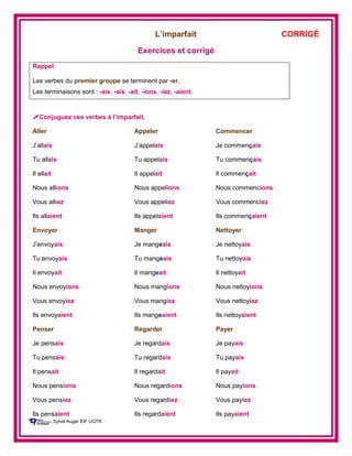 L’imparfait CORRIGÉ
Exercices et corrigé
Rappel
Les verbes du premier groupe se terminent par -er.
Les terminaisons sont : -ais, -ais, -ait, -ions, -iez, -aient.
Conjuguez ces verbes à l’imparfait.
Aller Appeler Commencer
J’allais J’appelais Je commençais
Tu allais Tu appelais Tu commençais
Il allait Il appelait Il commençait
Nous allions Nous appelions Nous commencions
Vous alliez Vous appeliez Vous commenciez
Ils allaient Ils appelaient Ils commençaient
Envoyer Manger Nettoyer
J’envoyais Je mangeais Je nettoyais
Tu envoyais Tu mangeais Tu nettoyais
Il envoyait Il mangeait Il nettoyait
Nous envoyions Nous mangions Nous nettoyions
Vous envoyiez Vous mangiez Vous nettoyiez
Ils envoyaient Ils mangeaient Ils nettoyaient
Penser Regarder Payer
Je pensais Je regardais Je payais
Tu pensais Tu regardais Tu payais
Il pensait Il regardait Il payait
Nous pensions Nous regardions Nous payions
Vous pensiez Vous regardiez Vous payiez
Ils pensaient Ils regardaient Ils payaient
Sylvie Auger ÉIF UQTR
 