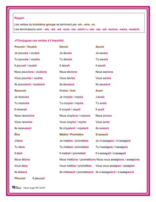 Rappel
Les verbes du troisième groupe se terminent par -oir, -oire, -re.
Les terminaisons sont : -ais, -ais, -ait, -ions, -iez, -aient ou -ais, -ais, -ait, -ssions, -ssiez, -ssaient.
Conjuguez ces verbes à l’imparfait.
Pouvoir / Vouloir Devoir Savoir
Je pouvais / voulais Je devais Je savais
Tu pouvais / voulais Tu devais Tu savais
Il pouvait / voulait Il devait Il savait
Nous pouvions / voulions Nous devions Nous savions
Vous pouviez / vouliez Vous deviez Vous saviez
Ils pouvaient / voulaient Ils devaient Ils savaient
Recevoir Croire / Voir Avoir
Je recevais Je croyais / voyais J’avais
Tu recevais Tu croyais / voyais Tu avais
Il recevait Il croyait / voyait Il avait
Nous recevions Nous croyions / voyions Nous avions
Vous receviez Vous croyiez / voyiez Vous aviez
Ils recevaient Ils croyaient / voyaient Ils avaient
Être Mettre / Promettre S’asseoir
J’étais Je mettais / promettais Je m’assoyais / m’asseyais
Tu étais Tu mettais / promettais Tu t’assoyais / t’asseyais
Il était Il mettait / promettait Il s’assoyait / s’asseyait
Nous étions Nous mettions / promettions Nous nous assoyions / asseyions
Vous étiez Vous mettiez / promettiez Vous vous assoyiez / asseyiez
Ils étaient Ils mettaient / promettaient Ils s’assoyaient / s’asseyaient
Pleuvoir Il pleuvait
Sylvie Auger ÉIF UQTR
 