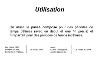 Utilisation On utilise  le passé composé  pour des périodes de temps définies (avec un début et une fin précis) et  l’imparfait  pour des périodes de temps indéfinies. De 1980 à 1990, Pendant dix ans,  j’ai fait du sport. Entre dix et vingt ans, Avant, Quand j’étais jeune,  je faisais du sport. A cette époque-là, 