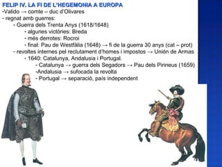 FELIP IV. LA FI DE L’HEGEMONIA A EUROPA
-Valido → comte – duc d’Olivares
- regnat amb guerres:
     - Guerra dels Trenta Anys (1618/1648)
          - algunes victòries: Breda
          - més derrotes: Rocroi
          - final: Pau de Westfàlia (1648) → fi de la guerra 30 anys (cat – prot)
     - revoltes internes pel reclutament d’homes i impostos → Unión de Armas
          - 1640: Catalunya, Andalusia i Portugal.
                - Catalunya → guerra dels Segadors → Pau dels Pirineus (1659)
                -Andalusia → sufocada la revolta
                - Portugal → separació, país independent
 