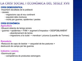 CRISI DEMOGRÀFICA
-Important davallada de la població
- causes:
     - migracions cap al nou continent
     - expulsió dels moriscos
     - morts per guerres, epidèmies i pestes
CRISI ECONÒMICA
Agricultura
-Situació dolenta de temps enrera
- guerres + epidèmies = FAM + augment d’impostos = DESPOBLAMENT
         - abandonament de terres
         - migracions a la ciutat  mendicar i pícaros (Lazarillo de Tormes)

Ramaderia
-Reducció de caps de bestiar  sequedat de les pastures +
destrucció de camps per les guerres

Indústria i comerç
-Disminució per:
    - competència de productes estrangers
 