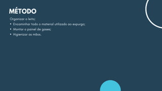 MÉTODO
Organizar o leito;
▪Encaminhar todo o material utilizado ao expurgo;
▪Montar o painel de gases;
▪Higienizar as mãos.
 