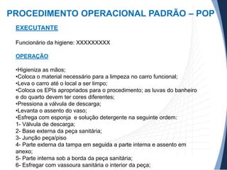 PROCEDIMENTO OPERACIONAL PADRÃO – POP
EXECUTANTE
Funcionário da higiene: XXXXXXXXX
OPERAÇÃO
•Higieniza as mãos;
•Coloca o material necessário para a limpeza no carro funcional;
•Leva o carro até o local a ser limpo;
•Coloca os EPIs apropriados para o procedimento; as luvas do banheiro
e do quarto devem ter cores diferentes;
•Pressiona a válvula de descarga;
•Levanta o assento do vaso;
•Esfrega com esponja e solução detergente na seguinte ordem:
1- Válvula de descarga;
2- Base externa da peça sanitária;
3- Junção peça/piso
4- Parte externa da tampa em seguida a parte interna e assento em
anexo;
5- Parte interna sob a borda da peça sanitária;
6- Esfregar com vassoura sanitária o interior da peça;

 