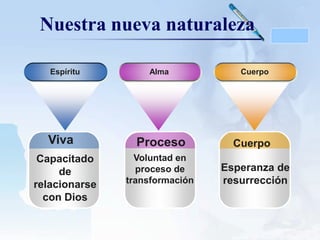 Nuestra nueva naturaleza
Espíritu

Viva
Capacitado
de
relacionarse
con Dios

Alma

Proceso
Voluntad en
proceso de
transformación

LOGO

Cuerpo

Cuerpo
Esperanza de
resurrección

 