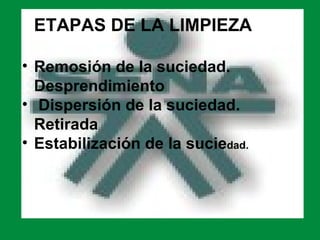 ETAPAS DE LA LIMPIEZA

• Remosión de la suciedad.
  Desprendimiento
• Dispersión de la suciedad.
  Retirada
• Estabilización de la suciedad.
 