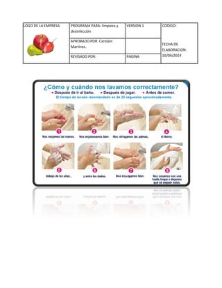 LOGO DE LA EMPRESA 
PROGRAMA PARA: limpieza y 
desinfección 
VERSION 1 CODIGO: 
FECHA DE 
ELABORACION: 
10/09/2014 
APROBADO POR: Carolain 
Martínez. 
REVISADO POR: PAGINA 
 