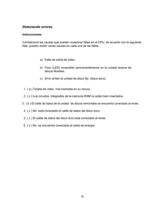 Detectando errores
Instrucciones:
Correlacione las causas que pueden ocasionar fallas en el CPU, de acuerdo con la siguiente
lista, pueden existir varias causas en cada una de las fallas.
a) Falta de señal de video.
b) Foco (LED) encendido permanentemente en la unidad lectora de
discos flexibles.
c) Error al leer la unidad de disco fijo (disco duro).
1. ( a ) Tarjeta de video mal insertada en su ranura.
2. ( c ) Los circuitos integrados de la memoria RAM no están bien insertados.
3. ( b ) El cable de datos de la unidad de discos removibles se encuentra conectado al revés.
4. ( c ) No está conectado el cable de datos del disco duro.
5. ( c ) El cable de datos del disco duro está conectado al revés.
6. ( c ) No se encuentra conectado el cable de energía.
36
 