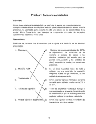 Mantenimiento preventivo y correctivo para PCs
Práctica 1. Conoce tu computadora
Situación:
Emma, la secretaria del licenciado Ruiz, se quejó con él, ya que ella no podía realizar su
trabajo con la rapidez que él lo requería, debido a que su equipo de cómputo le daba muchos
problemas. El Licenciado, para ayudarla, le pidió una relación de las características de su
equipo. Ahora Emma tendrá que investigar los componentes principales de su equipo.
Ayudémosla a resolver su nueva tarea.
Instrucciones:
Relacione las columnas con el enunciado que se ajuste a la definición de los términos
presentados.
1. Disco duro a) Contiene los conectores (zócalos) del CPU y
el coprocesador, los conectores de la
memoria, el contacto del teclado y los
circuitos integrados (de soporte para los
puertos serie, paralelo y las unidades de
disco), estos últimos pueden o no encontrarse
presentes.
2. Memoria RAM b) Es un disco magnético hecho de metal y
cubierto con una superficie de grabación
magnética. Puede ser fijo o removible, es una
unidad de almacenamiento.
3.
Tarjeta madre
c) Sirven para leer o grabar información de forma
removible, estas unidades pueden ser de 3½” y
de 5¼”.
4. Tarjetas de expansión d) Todos los programas y datos que maneja el
microprocesador se almacenan temporalmente
en esta memoria, c apaz de acceder y almacenar
cualquier dato de forma rápida y aleatoria.
5. Unidad lectora de disco flexible e) Sirven para expandir nuestras posibilidades de
interaccionar con otros medios.
15
 