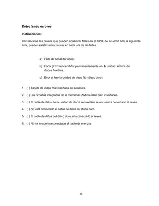 Detectando errores

Instrucciones:

Correlacione las causas que pueden ocasionar fallas en el CPU, de acuerdo con la siguiente
lista, pueden existir varias causas en cada una de las fallas.



              a) Falta de señal de video.

              b) Foco (LED) encendido permanentemente en la unidad lectora de
                 discos flexibles.

              c) Error al leer la unidad de disco fijo (disco duro).


1. ( ) Tarjeta de video mal insertada en su ranura.

2. ( ) Los circuitos integrados de la memoria RAM no están bien insertados.

3. ( ) El cable de datos de la unidad de discos removibles se encuentra conectado al revés.

4. ( ) No está conectado el cable de datos del disco duro.

5. ( ) El cable de datos del disco duro está conectado al revés.

6. ( ) No se encuentra conectado el cable de energía.




                                                36
 