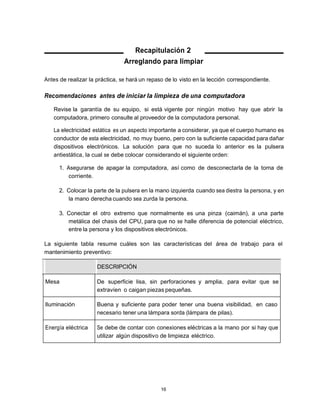 Recapitulación 2
                                Arreglando para limpiar

Antes de realizar la práctica, se hará un repaso de lo visto en la lección correspondiente.

Recomendaciones antes de iniciar la limpieza de una computadora

   Revise la garantía de su equipo, si está vigente por ningún motivo hay que abrir la
   computadora, primero consulte al proveedor de la computadora personal.

   La electricidad estática es un aspecto importante a considerar, ya que el cuerpo humano es
   conductor de esta electricidad, no muy bueno, pero con la suficiente capacidad para dañar
   dispositivos electrónicos. La solución para que no suceda lo anterior es la pulsera
   antiestática, la cual se debe colocar considerando el siguiente orden:

     1. Asegurarse de apagar la computadora, así como de desconectarla de la toma de
         corriente.

     2. Colocar la parte de la pulsera en la mano izquierda cuando sea diestra la persona, y en
        la mano derecha cuando sea zurda la persona.

     3. Conectar el otro extremo que normalmente es una pinza (caimán), a una parte
        metálica del chasis del CPU, para que no se halle diferencia de potencial eléctrico,
        entre la persona y los dispositivos electrónicos.

La siguiente tabla resume cuáles son las características del área de trabajo para el
mantenimiento preventivo:

                     DESCRIPCIÓN

Mesa                 De superficie lisa, sin perforaciones y amplia, para evitar que se
                     extravíen o caigan piezas pequeñas.

Iluminación          Buena y suficiente para poder tener una buena visibilidad, en caso
                     necesario tener una lámpara sorda (lámpara de pilas).

Energía eléctrica    Se debe de contar con conexiones eléctricas a la mano por si hay que
                     utilizar algún dispositivo de limpieza eléctrico.




                                              16
 