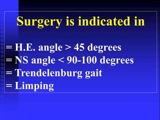 Surgery is indicated in 
= H.E. angle > 45 degrees 
= NS angle < 90-100 degrees 
= Trendelenburg gait 
= Limping 
 