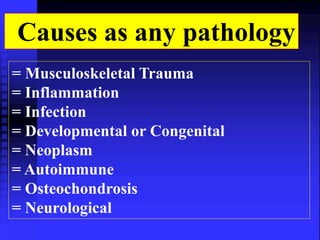 Causes as any pathology 
= Musculoskeletal Trauma 
= Inflammation 
= Infection 
= Developmental or Congenital 
= Neoplasm 
= Autoimmune 
= Osteochondrosis 
= Neurological 
 