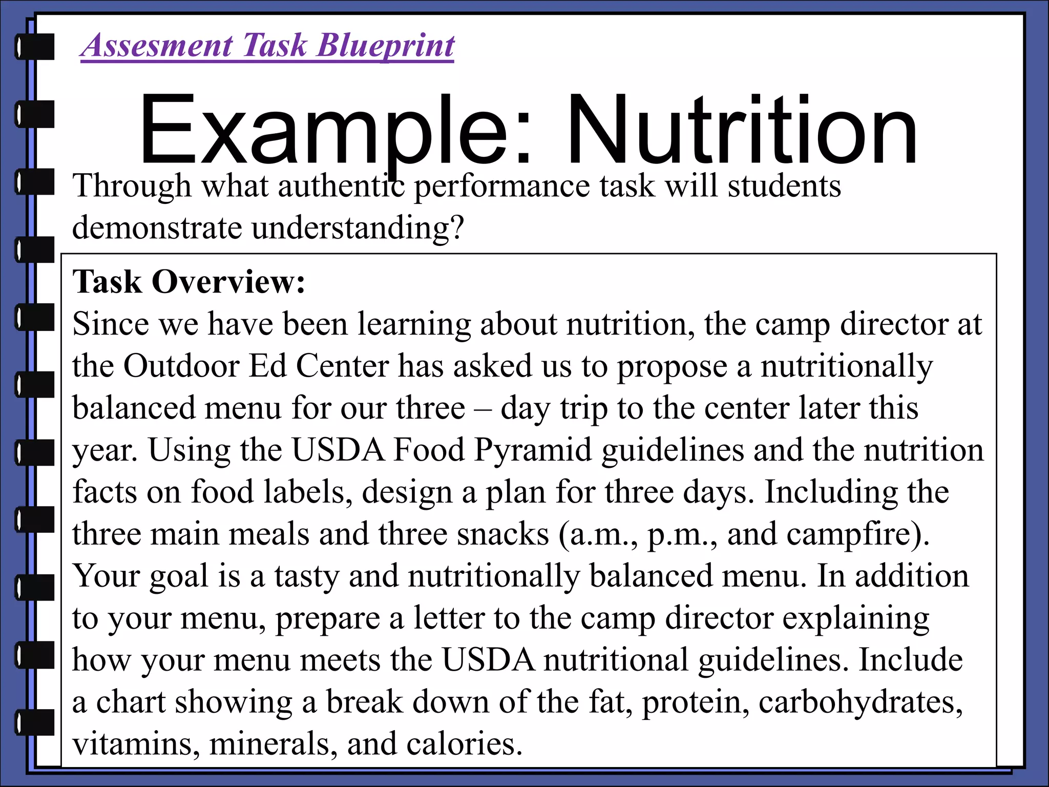 Assesment Task Blueprint
Example: Nutrition
Through what authentic performance task will students
demonstrate understanding?
Task Overview:
Since we have been learning about nutrition, the camp director at
the Outdoor Ed Center has asked us to propose a nutritionally
balanced menu for our three – day trip to the center later this
year. Using the USDA Food Pyramid guidelines and the nutrition
facts on food labels, design a plan for three days. Including the
three main meals and three snacks (a.m., p.m., and campfire).
Your goal is a tasty and nutritionally balanced menu. In addition
to your menu, prepare a letter to the camp director explaining
how your menu meets the USDA nutritional guidelines. Include
a chart showing a break down of the fat, protein, carbohydrates,
vitamins, minerals, and calories.
 