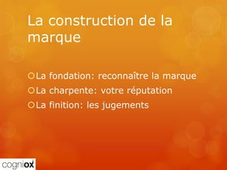 La construction de la
marque

La fondation: reconnaître la marque
La charpente: votre réputation
La finition: les jugements
 
