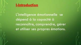 I-Introduction
L'intelligence émotionnelle se
dépend à la capacité à
reconnaître, comprendre, gérer
et utiliser ses propres émotions.
2
 