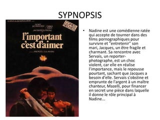 SYPNOPSIS
• Nadine est une comédienne ratée
qui accepte de tourner dans des
films pornographiques pour
survivre et "entretenir" son
mari, Jacques, un être fragile et
charmant. Sa rencontre avec
Servais, un reporterphotographe, est un choc
violent, car elle en réalise
l'importance, mais le repousse
pourtant, sachant que Jacques a
besoin d'elle. Servais s'obstine et
emprunte de l'argent à un maître
chanteur, Mazelli, pour financer
en secret une pièce dans laquelle
il donne le rôle principal à
Nadine...

 