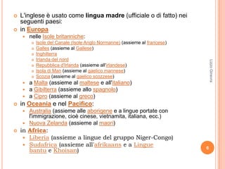    L'inglese è usato come lingua madre (ufficiale o di fatto) nei
    seguenti paesi:
   in Europa
       nelle Isole britanniche:
           Isole del Canale (Isole Anglo Normanne) (assieme al francese)
           Galles (assieme al Gallese)
           Inghilterra
           Irlanda del nord




                                                                                Lizzo Ginevra
           Repubblica d'Irlanda (assieme all'irlandese)
           Isola di Man (assieme al gaelico mannese)
           Scozia (assieme al gaelico scozzese)
       a Malta (assieme al maltese e all'italiano)
       a Gibilterra (assieme allo spagnolo)
       a Cipro (assieme al greco)
   in Oceania e nel Pacifico:
     Australia (assieme alle aborigene e a lingue portate con
      l'immigrazione, cioè cinese, vietnamita, italiana, ecc.)
     Nuova Zelanda (assieme al maori)
   in Africa:
      Liberia (assieme a lingue del gruppo Niger-Congo)
      Sudafrica (assieme all'afrikaans e a Lingue
                                                                            6
       bantu e Khoisan)
 