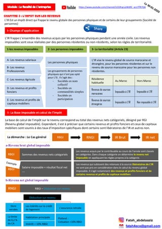 CHAPITRE 3 : L'IMPOT SUR LES REVENUS
L’IR Est un impôt direct qui frappe le revenu globale des personnes physiques et de certains de leur groupements (Société de
personnes)
L’IR frappe L’ensemble des revenus acquis par les personnes physiques pendant une année civile. Les revenus
imposables sont ceux réalisées par des personnes résidentes ou non-résidents, selon les règles de territorialité.
A- Les revenus salariaux
B- Les revenus
Professionnels
C- Les revenus Agricole
D- Les revenus et profits
fonciers
E- Les revenus et profits de
capitaux mobiliers
1-les revenus imposables 2- Les personnes imposables
Les personnes physiques
Les groupements de personnes
physiques qui n’ont pas opté
pour L’IS . Il s’agit des :
- Sociétés en nom
collectif
- Sociétés en
commandités simples
- Sociétés en
participation
3- La territorialité (Article 23)
L’IR vise le revenu global de source marocaine et
étrangère, pour les personnes résidentes et sur le
revenu de source marocaine pour les personnes non
résidentes.
Résidence
habituelle
Revenus de sources
marocaines
Revenus de sources
étrangères
Au Maroc
Imposable à L’IR
Imposable à L’IR
Hors Maroc
Imposable à L’IR
Non imposable à L’IR
La base de calcul de l’impôt sur le revenu correspond au total des revenus nets catégoriels, désigné par RGI
(Revenu global imposable). Cependant, il est à préciser que certains revenus et profits fonciers et ceux de capitaux
mobiliers sont soumis à des taux d’imposition spécifiques dont certains sont libératoires de l’IR et autres non.
I- Champs d’application
RBGI RNGI IR Brut IR net
RBGI
RNGI
Sommes des revenus nets catégoriels
RBGI – Déduction sur revenu
La démarche : Le Cas général
a-Revenu brut global imposable
1-
Les revenus acquis par le contribuable au cours de l'année sont classés
en catégories. Dans chaque catégorie on détermine le revenu net
imposable en appliquant les règles propres à la catégorie.
Les revenus qui subissent des retenues à la source libératoires de L'IR
ne sont pas pris en considération dans le calcul du revenu global
imposable. Il s'agit notamment des revenus et profits fonciers et de
certains revenus et profits de capitaux mobiliers
RBGI
Salaire imposable + résultat fiscal net
….
b-Revenu net global imposable

Dons
versées
L'assurance-retraite
Déduction sur revenu
Les intérêts sur le crédit
de logement
Habitation principale
Intérêt < 10% RBGI
Plafond :
Cotisation <10% RBGI
La limite
de 0,2 %
du CA
https://www.youtube.com/channel/UCGRrgrujiWd9C_qcU7PR7QA
Fatah_abdelaaziz
fatah4eco@gmail.com
II- La Base imposable et calcul de l’impôt
 