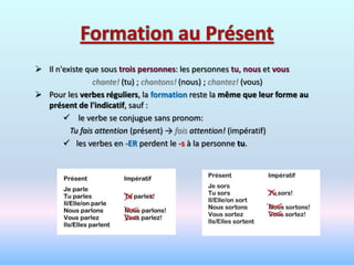  Il n'existe que sous trois personnes: les personnes tu, nous et vous
                chante! (tu) ; chantons! (nous) ; chantez! (vous)
 Pour les verbes réguliers, la formation reste la même que leur forme au
  présent de l'indicatif, sauf :
        le verbe se conjugue sans pronom:
         Tu fais attention (présent) → fais attention! (impératif)
        les verbes en -ER perdent le -s à la personne tu.
 