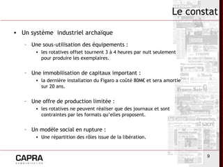9
Le constat
• Un système industriel archaïque
– Une sous-utilisation des équipements :
• les rotatives offset tournent 3 à 4 heures par nuit seulement
pour produire les exemplaires.
– Une immobilisation de capitaux important :
• la dernière installation du Figaro a coûté 80M€ et sera amortie
sur 20 ans.
– Une offre de production limitée :
• les rotatives ne peuvent réaliser que des journaux et sont
contraintes par les formats qu’elles proposent.
– Un modèle social en rupture :
• Une répartition des rôles issue de la libération.
 