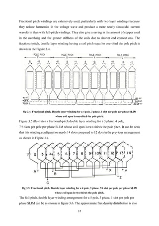 17
Fractional pitch windings are extensively used, particularly with two layer windings because
they reduce harmonics in the voltage wave and produce a more nearly sinusoidal current
waveform than with full-pitch windings. They also give a saving in the amount of copper used
in the overhang and the greater stiffness of the coils due to shorter end connections. The
fractional-pitch, double layer winding having a coil pitch equal to one-third the pole pitch is
shown in the Figure 3.4.
Fig 3.4: Fractional-pitch, Double layer winding for a 4 pole, 3 phase, 1 slot per pole per phase SLIM
whose coil span is one-third the pole pitch.
Figure 3.5 illustrates a fractional-pitch double layer winding for a 3 phase, 4 pole,
7/6 slots per pole per phase SLIM whose coil span is two-thirds the pole pitch. It can be seen
that this winding configuration needs 14 slots compared to 12 slots in the previous arrangement
as shown in Figure 3.4.
Fig 3.5: Fractional pitch, Double layer winding for a 4 pole, 3 phase, 7/6 slot per pole per phase SLIM
whose coil span is two-thirds the pole pitch.
The full-pitch, double layer winding arrangement for a 5 pole, 3 phase, 1 slot per pole per
phase SLIM can be as shown in figure 3.6. The approximate flux density distribution is also
 