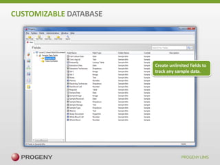CUSTOMIZABLE DATABASE

Create unlimited fields to
track any sample data.

 