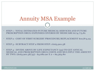 Annuity MSA Example
   STEP 1 - TOTAL ESTIMATED FUTURE MEDICAL SERVICES AND FUTURE
    PRESCRIPTION DRUG EXPENSES COVERED BY MEDICARE $174,775.81

   STEP 2 - COST OF FIRST SURGERY PROCEDURE/REPLACEMENT $10,874.23

   STEP 3 - SUBTRACT STEP 2 FROM STEP 1 $163,901.58

   STEP 4 - DIVIDE ABOVE BY LIFE EXPECTANCY (35) TO GET ANNUAL
    MEDICAL AND PRESCRIPTION DRUG COSTS AND MULTIPLY THE AMOUNT
    BY TWO. ($163,901.58/35) - $4,682.90 X 2 = $9,365.80




wbfazio@aol.com                                              07/08/09
 