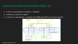 © Robin Emig 2015, 2016
Determine Business Entities Early on
● A strain is a base bacteria? A bacteria + a plasmid?
● A plasmid is a plasmid or a gene?
● A cell line is a base genome + a plasmid with CRISPR guide RNA? just the base genome?
 