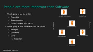 © Robin Emig 2015, 2016
People are more Important than Software
● Who is going to use the system
○ Enter data
○ Run automation
○ Update tracking information
● Who is going to directly benefit from the system
○ Managers
○ Executives
○ Users
■ Customers
Sample Coordinator
Customer
QC Lab Assistant
Data Validator
Lab Processor
Media Prep
LabManager
Customer
 