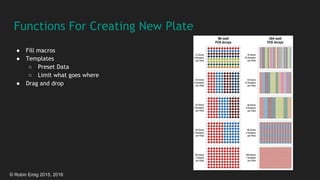 © Robin Emig 2015, 2016
Functions For Creating New Plate
● Fill macros
● Templates
○ Preset Data
○ Limit what goes where
● Drag and drop
 