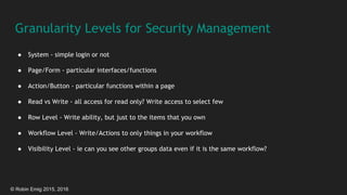 © Robin Emig 2015, 2016
Granularity Levels for Security Management
● System - simple login or not
● Page/Form - particular interfaces/functions
● Action/Button - particular functions within a page
● Read vs Write - all access for read only? Write access to select few
● Row Level - Write ability, but just to the items that you own
● Workflow Level - Write/Actions to only things in your workflow
● Visibility Level - ie can you see other groups data even if it is the same workflow?
 