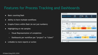 © Robin Emig 2015, 2016
Features for Process Tracking and Dashboards
● Basic counting Dash
● Ability to have multiple workflows
● Graphs/Colors within Dash (ie not just numbers)
● Highlighting at risk samples
○ Visual Representation of completion
○ Dashboards per workflow per “project” or “client”
● Linkable to more reports or action
 