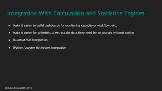© Robin Emig 2015, 2016
Integration With Calculation and Statistics Engines
● Make it easier to build dashboards for monitoring capacity or workflow, etc.
● Make it easier for scientists to extract the data they need for an analysis without coding
● R/Matlab/Sas Integration
● IPython/Jupyter Notebooks Integration
 