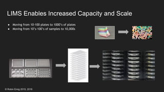© Robin Emig 2015, 2016
LIMS Enables Increased Capacity and Scale
● Moving from 10-100 plates to 1000’s of plates
● Moving from 10’s-100’s of samples to 10,000s
 
