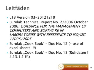 


L18 Version 03-20121219
Eurolab Technical Report No. 2/2006 October
2006: GUIDANCE FOR THE MANAGEMENT OF

COMPUTERS AND SOFTWARE IN
LABORATORIES WITH REFERENCE TO ISO/IEC
17025/2005




Eurolab „Cook Book“ – Doc No. 12 (– use of
excel sheets !!!)
Eurolab „Cook Book“ – Doc No. 13 (Rohdaten !
4.13.1.1 ff.)
Krenn / Sieberth 26.11.13

12

 