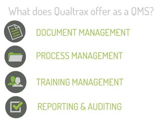 What does Qualtrax offer as a QMS? 
DOCUMENT MANAGEMENT 
PROCESS MANAGEMENT 
TRAINING MANAGEMENT 
REPORTING & AUDITING 
 